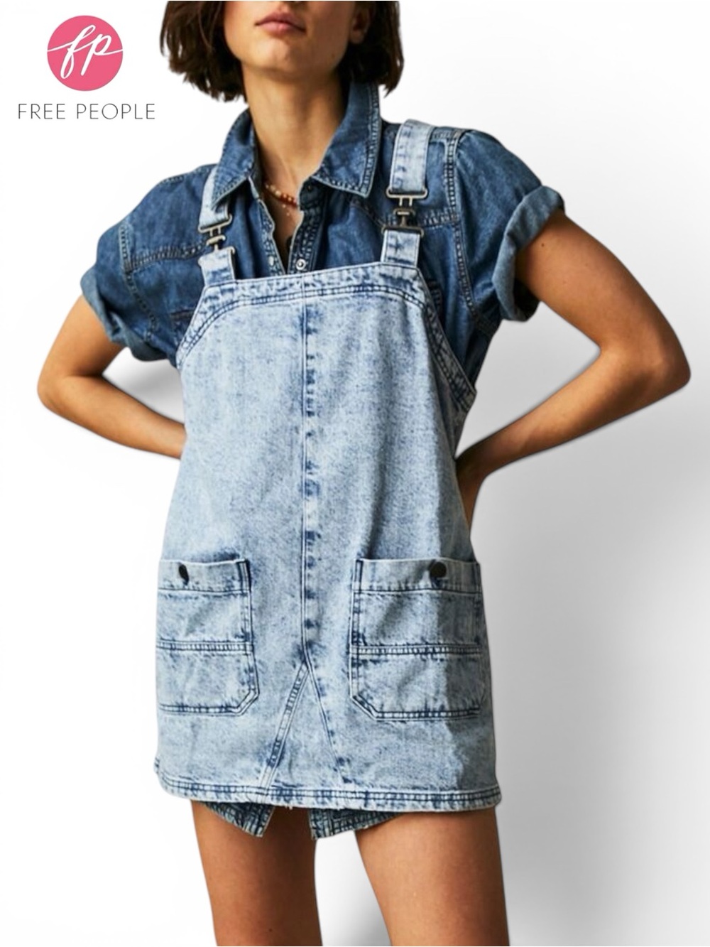 Free People Overall Smock Mini Dress Denim All Faded Out We The Free | Sz L
